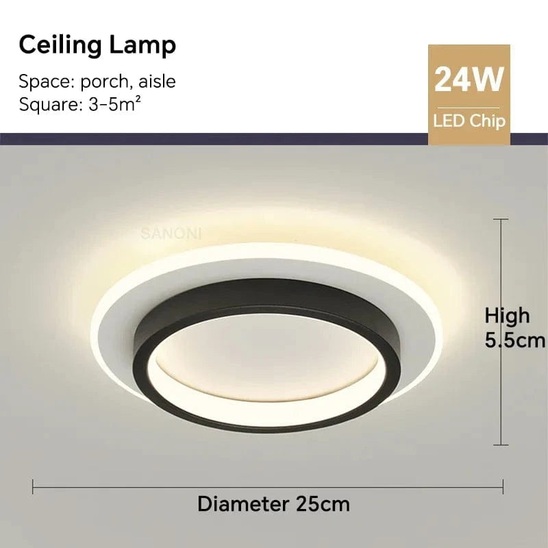 Plafonnier LED Moderne pour Couloir, Escaliers, Balcon, Chambre, Salle De Bains et Foyer | Marco Lucetti Cercle noir2 / Blanc chaud
