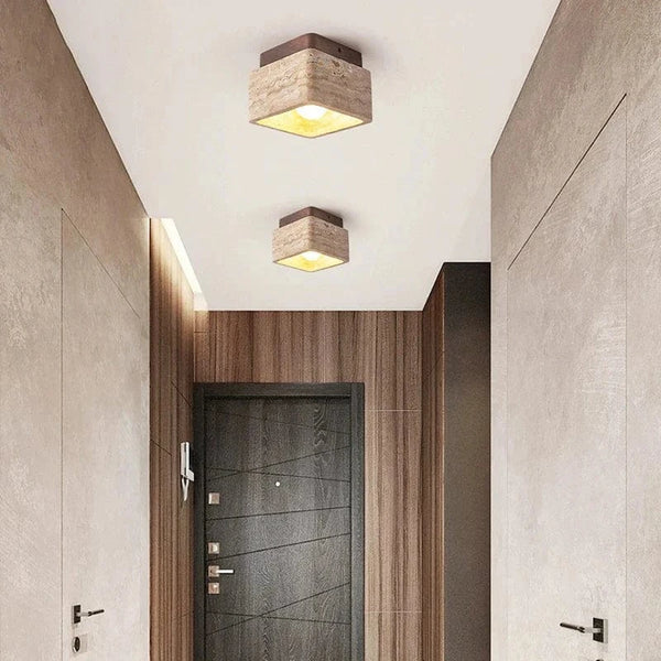 Plafonnier Led nordique moderne avec Downlight carré en pierre bois crème - Style Surface monté vers le bas pour porche balcon couloir | Marco Lucetti