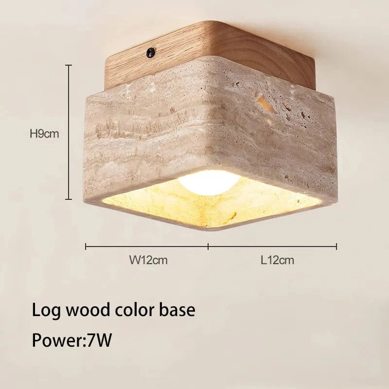 Plafonnier Led nordique moderne avec Downlight carré en pierre bois crème - Style Surface monté vers le bas pour porche balcon couloir | Marco Lucetti Couleur du bois en rondins / 3000K