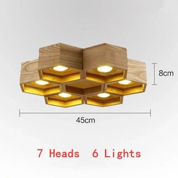 Plafonnier Led "Ruche de Lumière" en bois massif | Marco Lucetti 7 têtes 6 Lumière
