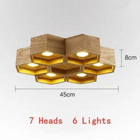Plafonnier Led "Ruche de Lumière" en bois massif | Marco Lucetti 7 têtes 6 Lumière