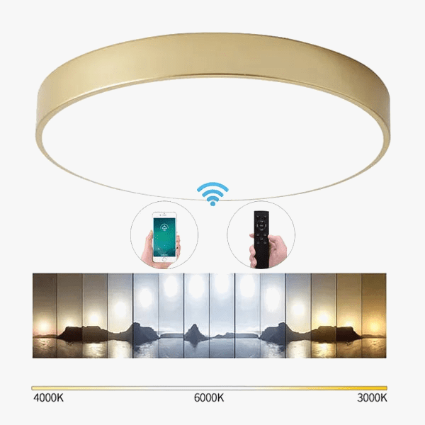 Plafonnier LED Ultra-mince Or 5 cm, Design Moderne, Télécommande - Idéal pour le Foyer et la Chambre | Marco Lucetti