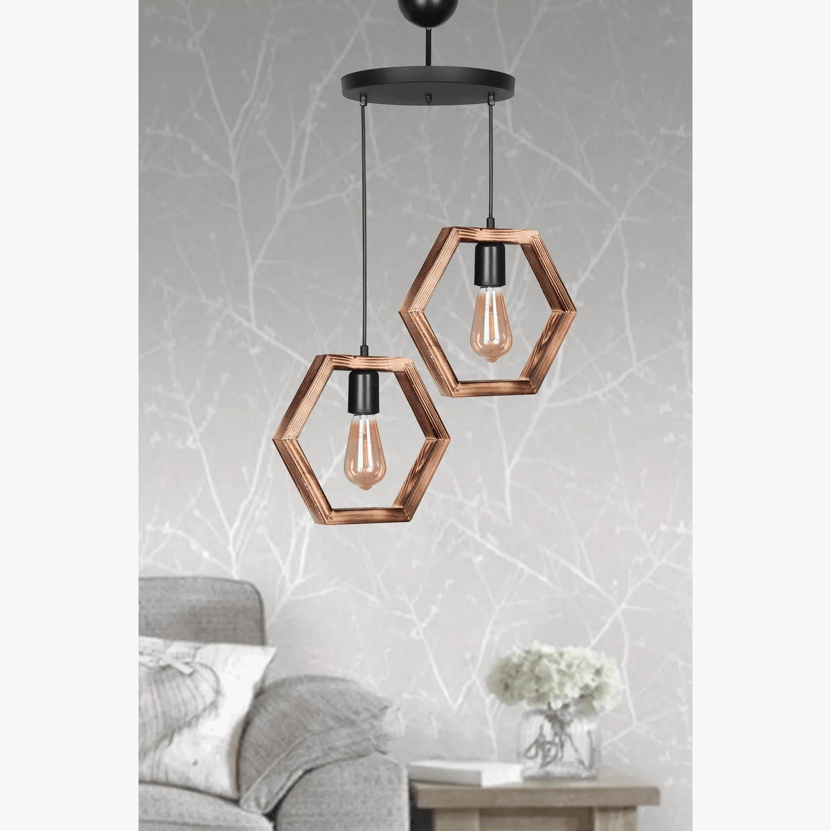 Plafonnier Lustre Bois Hexagonal Rétro Rustique - Modèle Élégant et Authentique | Marco Lucetti