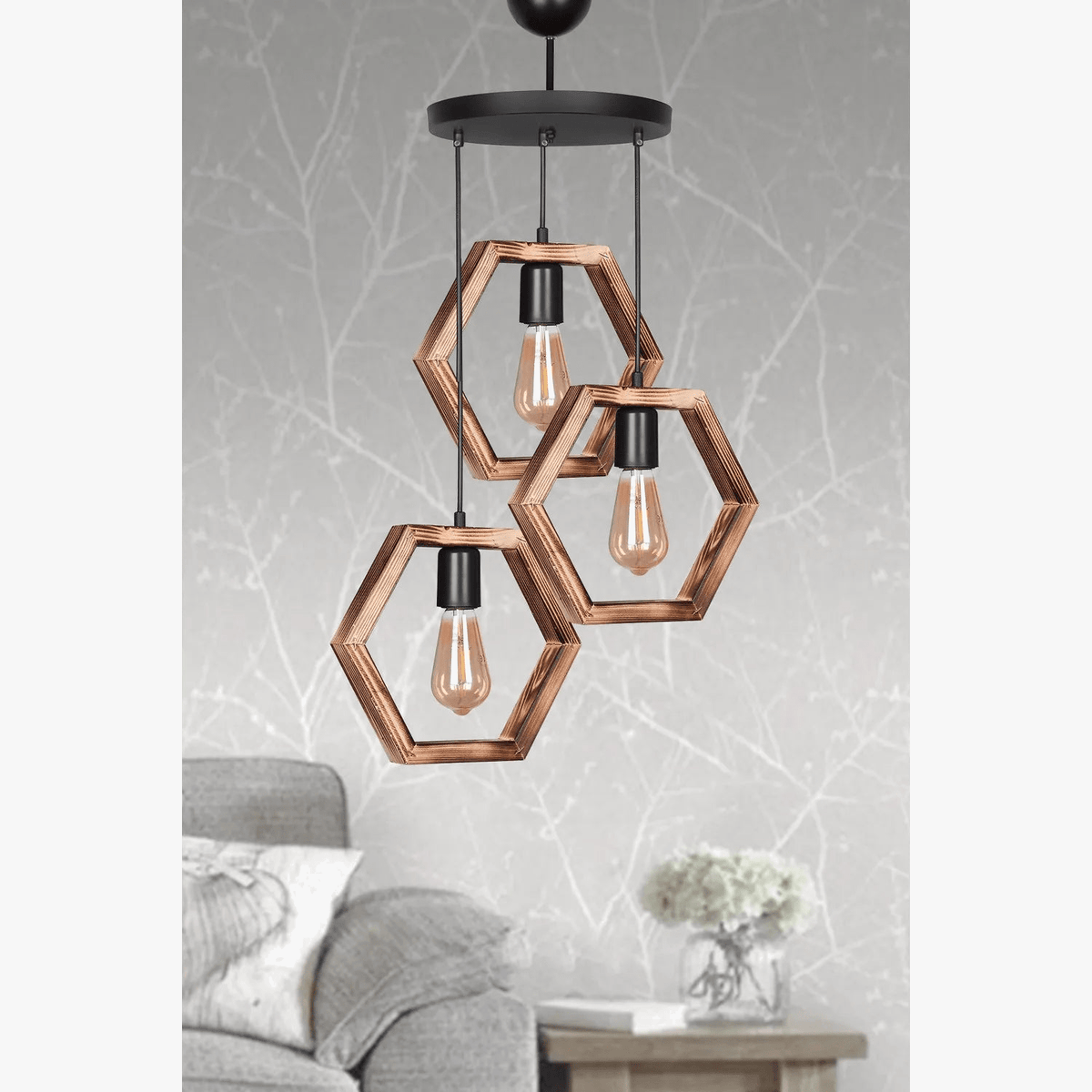 Plafonnier Lustre Bois Hexagonal Rétro Rustique - Modèle Élégant et Authentique | Marco Lucetti