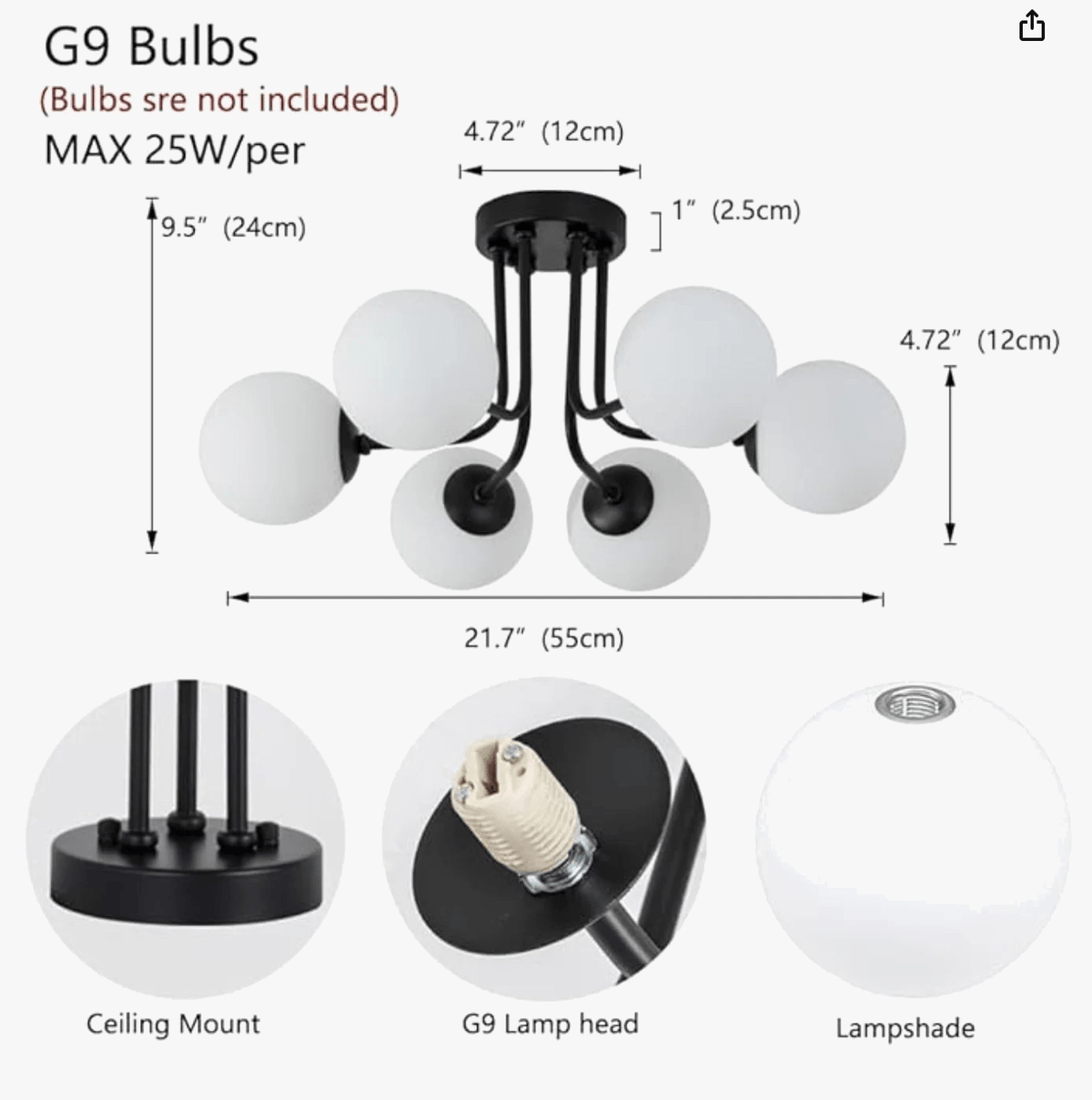 Plafonnier moderne en fer forgé | Lampe de porche avec abat-jour sphérique en verre blanc | Marco Lucetti