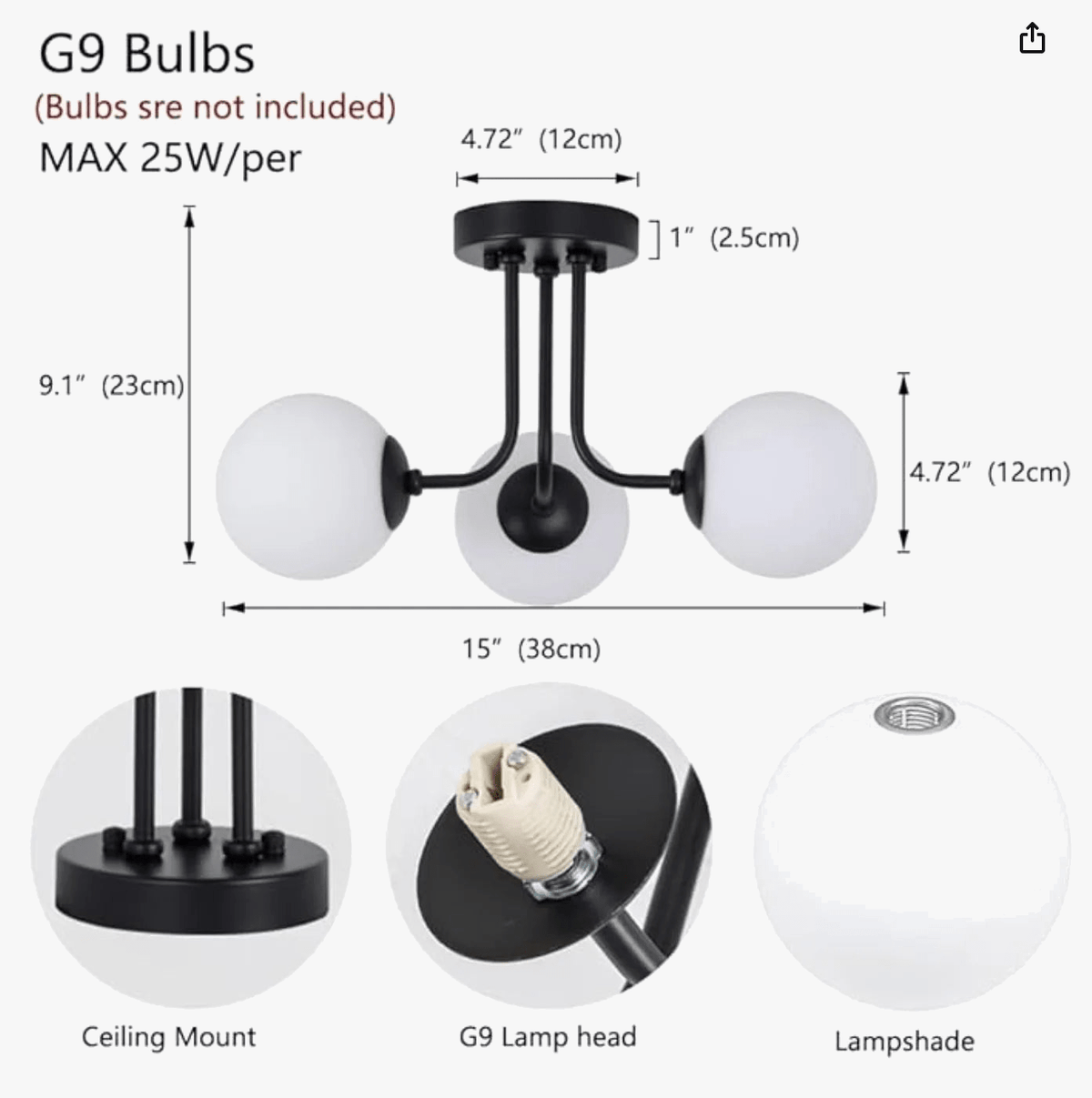 Plafonnier moderne en fer forgé | Lampe de porche avec abat-jour sphérique en verre blanc | Marco Lucetti