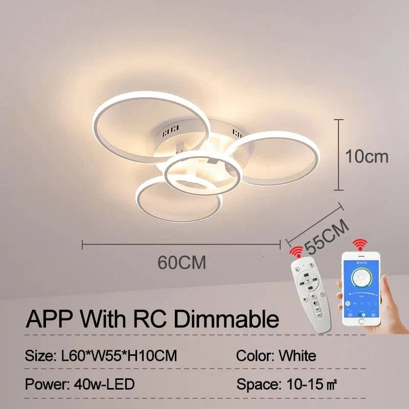 Plafonnier NEO Gleam : Plafond Moderne à LEDs Lumineux avec RC Dimmable – Cercle Anneaux Designer pour Salon et Chambre | Marco Lucetti 4 Anneaux Blanc