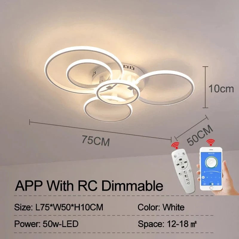 Plafonnier NEO Gleam : Plafond Moderne à LEDs Lumineux avec RC Dimmable – Cercle Anneaux Designer pour Salon et Chambre | Marco Lucetti 5 Anneaux Blanc