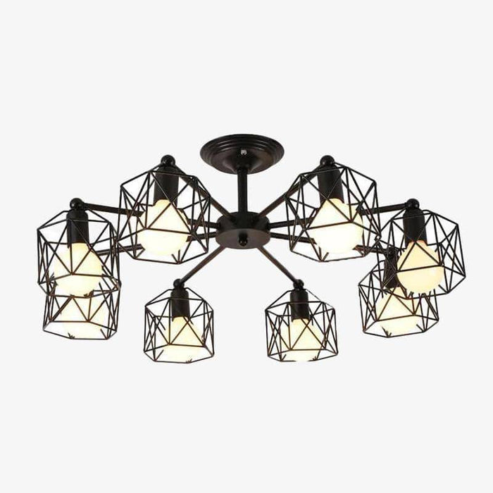 Plafonnier Noir Vintage avec Lampes en Cage | Marco Lucetti 8 lampes