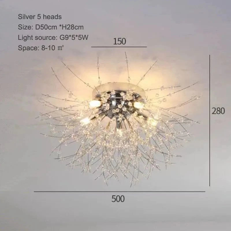 Plafonnier Nordique en Cristal Forme Pissenlit Lustre Moderne Décoratif - Collection Scandi Dandelion | Marco Lucetti 50cm argent 5 têtes / Blanc chaud 3000K