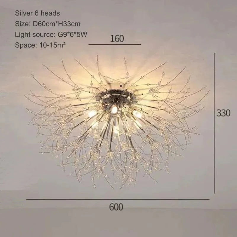Plafonnier Nordique en Cristal Forme Pissenlit Lustre Moderne Décoratif - Collection Scandi Dandelion | Marco Lucetti 60cm argent 6 têtes / Blanc chaud 3000K