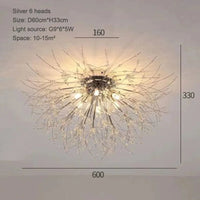 Plafonnier Nordique en Cristal Forme Pissenlit Lustre Moderne Décoratif - Collection Scandi Dandelion | Marco Lucetti 60cm argent 6 têtes / Blanc chaud 3000K