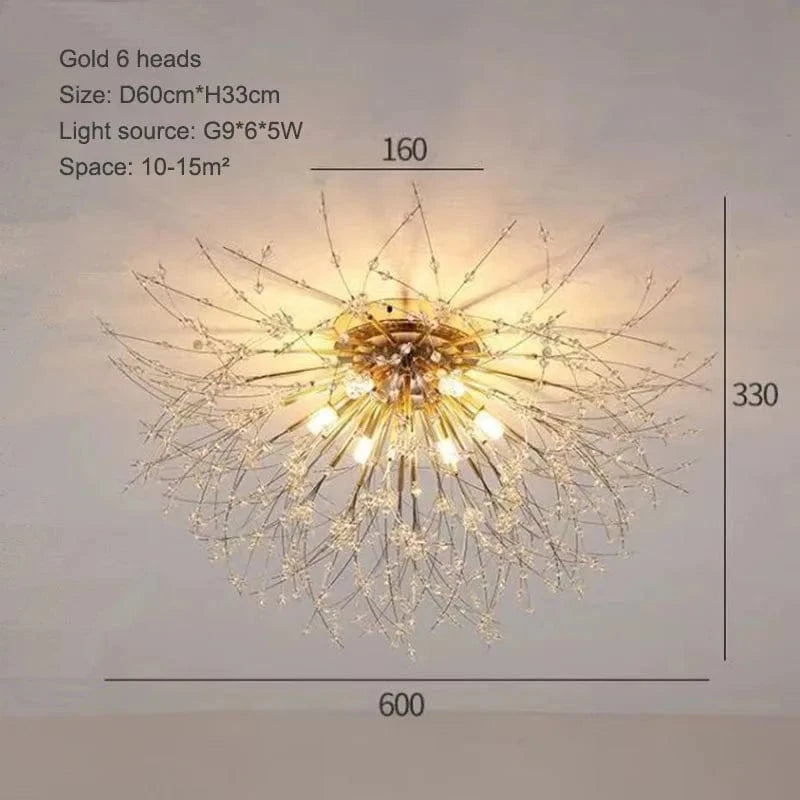 Plafonnier Nordique en Cristal Forme Pissenlit Lustre Moderne Décoratif - Collection Scandi Dandelion | Marco Lucetti 60cm doré 6 têtes / Blanc chaud 3000K