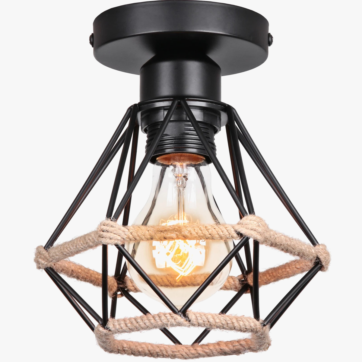 Plafonnier rétro en métal pour intérieur d'allée, avec cage en fer et corde de chanvre