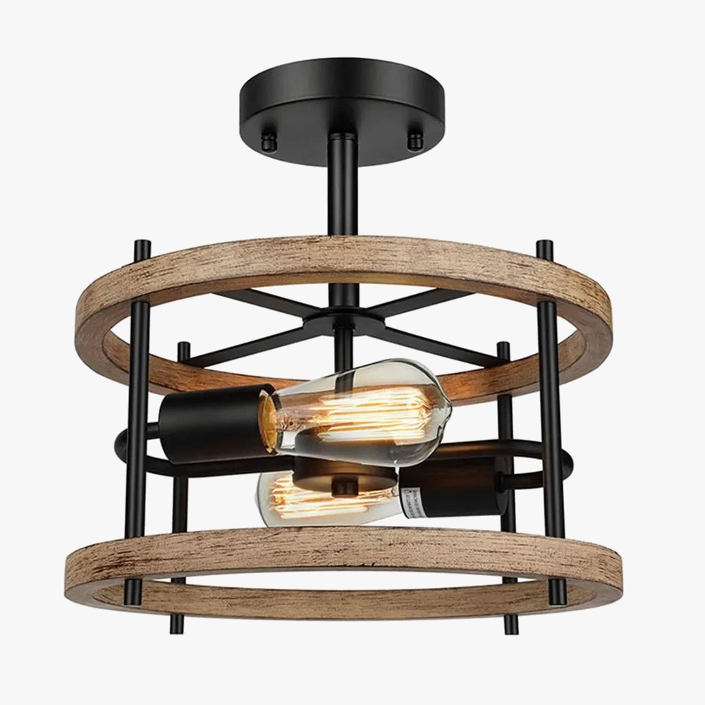 Plafonnier rétro semi-encastré 2 lumières bois vintage pour ferme industrielle - Édition Limitée