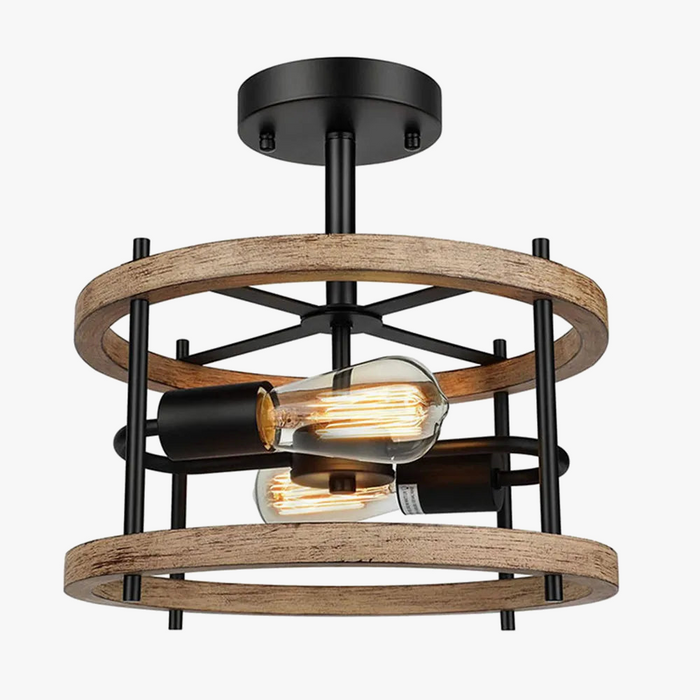 Plafonnier rétro semi-encastré 2 lumières bois vintage pour ferme industrielle - Édition Limitée