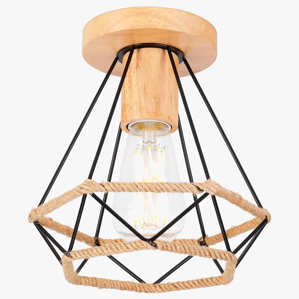 Plafonnier rétro en métal pour intérieur d'allée, avec cage en fer et corde de chanvre | Marco Lucetti
