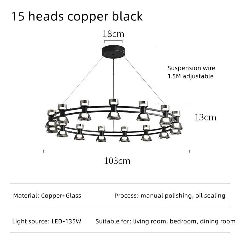 Plafonnier Rond Verre et Cuivre eleganzza | Marco Lucetti A 15 têtes noir / 3 couleurs sans télécommande