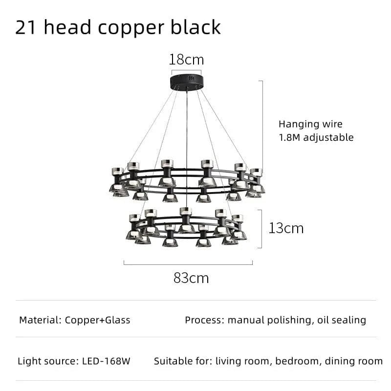 Plafonnier Rond Verre et Cuivre eleganzza | Marco Lucetti A noir à 21 têtes / 3 couleurs sans télécommande