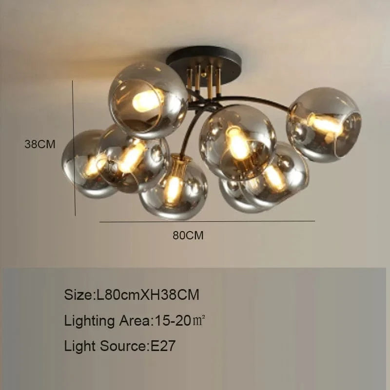 Plafonnier Verre Nordique Noiret Or | Marco Lucetti Gris Fumé 8 têtes