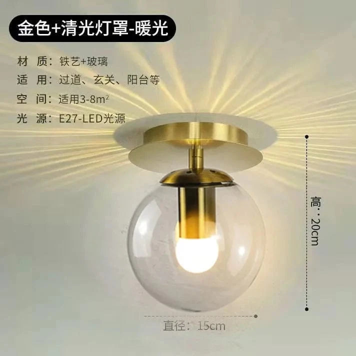 Plafonniers en verre boule ronde moderne pour un éclairage luxueux et abordable - Idéal pour restaurant, allée, couloir et balcon | Marco Lucetti Lumière claire dorée