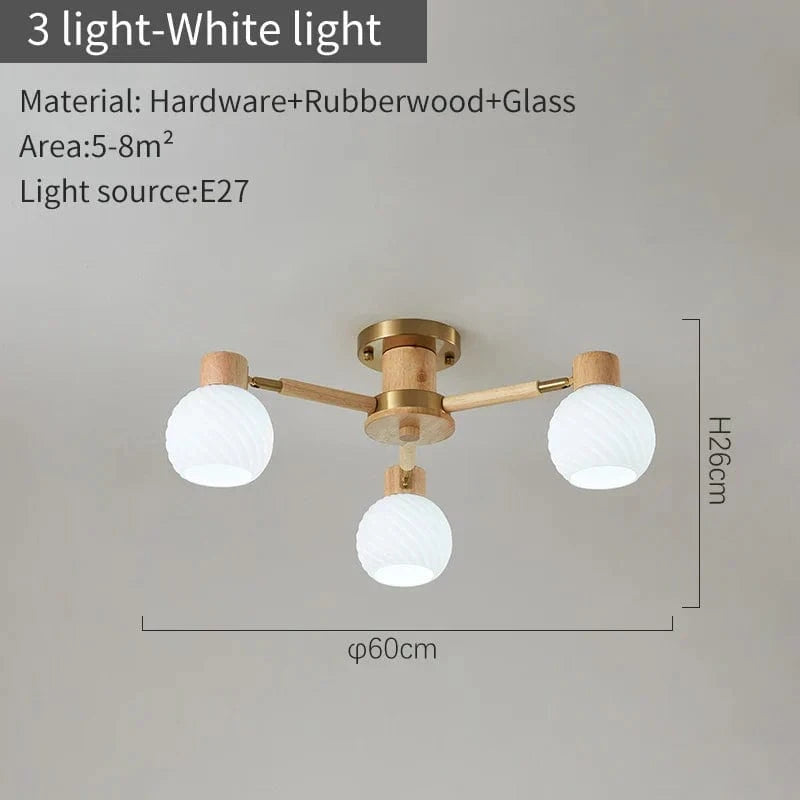 Plafonniers nordiques en bois de caoutchouc avec abat-jour en verre pour salon et chambre | Marco Lucetti 3 lumières blanches