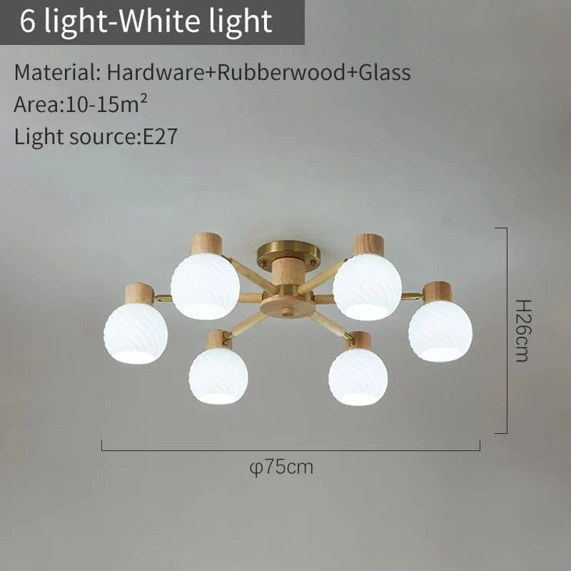 Plafonniers nordiques en bois de caoutchouc avec abat-jour en verre pour salon et chambre | Marco Lucetti 6 lumières blanches