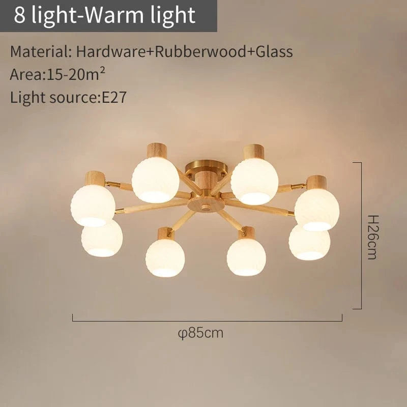 Plafonniers nordiques en bois de caoutchouc avec abat-jour en verre pour salon et chambre | Marco Lucetti 8 lumière chaude