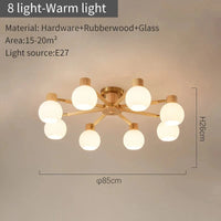 Plafonniers nordiques en bois de caoutchouc avec abat-jour en verre pour salon et chambre | Marco Lucetti 8 lumière chaude