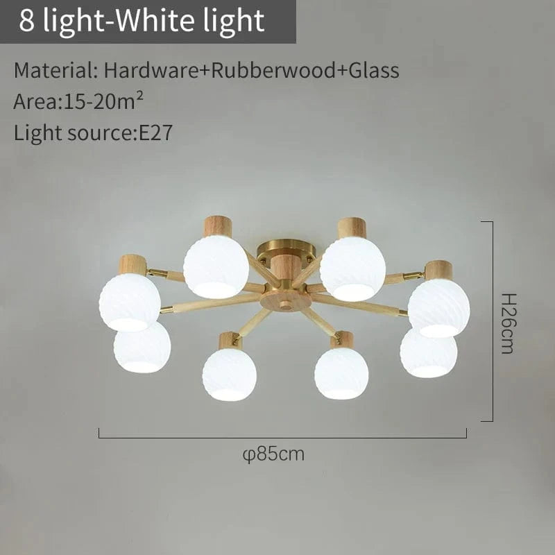 Plafonniers nordiques en bois de caoutchouc avec abat-jour en verre pour salon et chambre | Marco Lucetti 8 lumières blanches