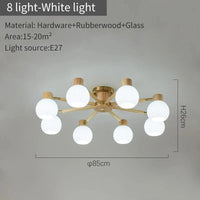 Plafonniers nordiques en bois de caoutchouc avec abat-jour en verre pour salon et chambre | Marco Lucetti 8 lumières blanches