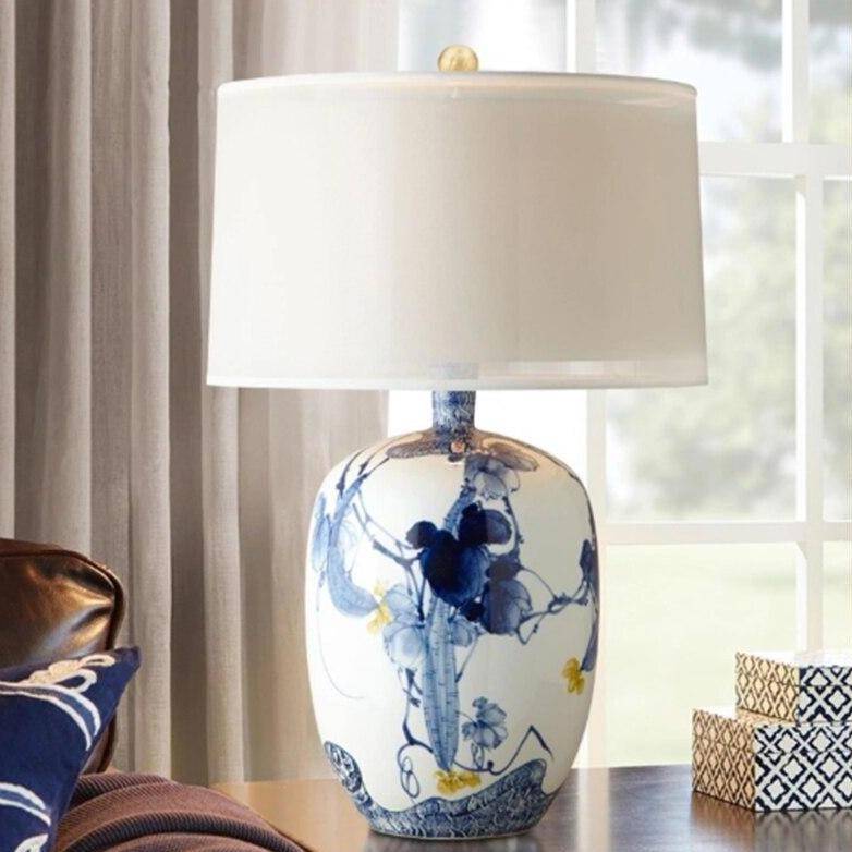 Lampe de table LED céramique blanc et bleu - Style Japonais