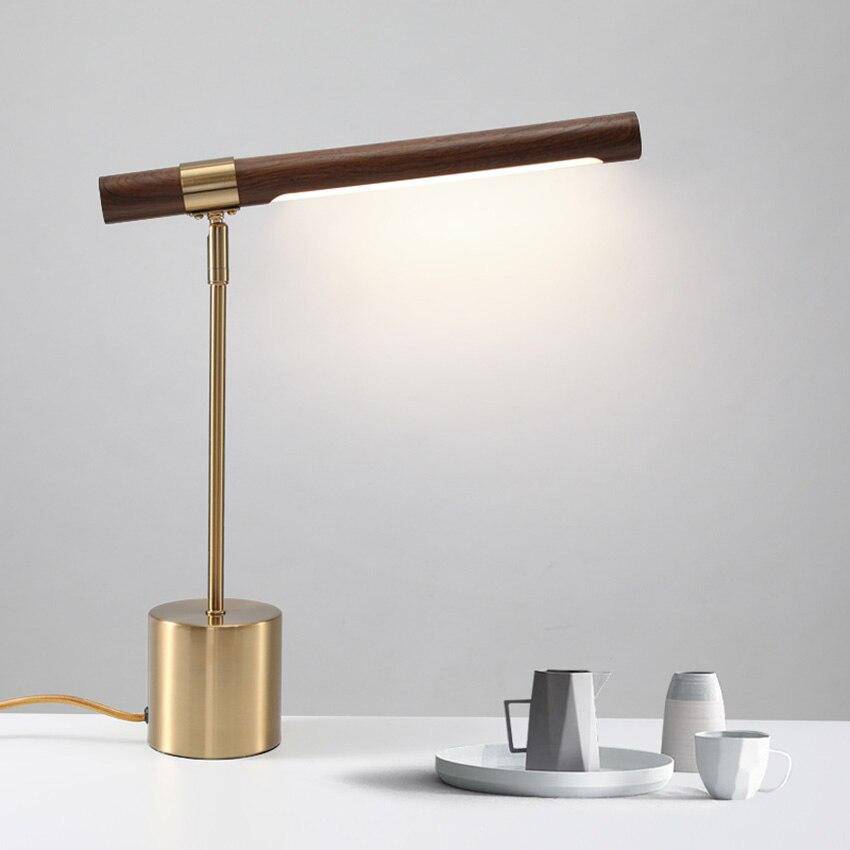 Lampe de table design LED dorée en métal et bois