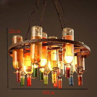 Lustre rustique rétro, métal et bouteilles verre, 60x32cm