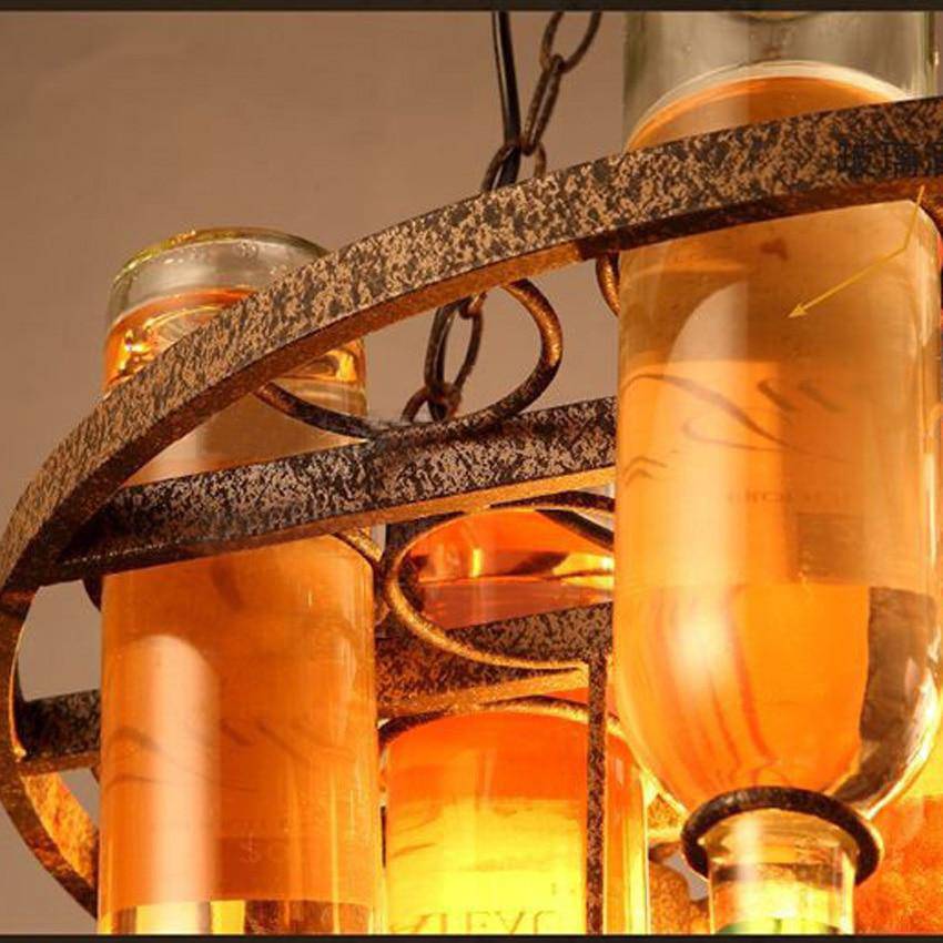 Lustre rustique rétro, métal et bouteilles verre, 60x32cm