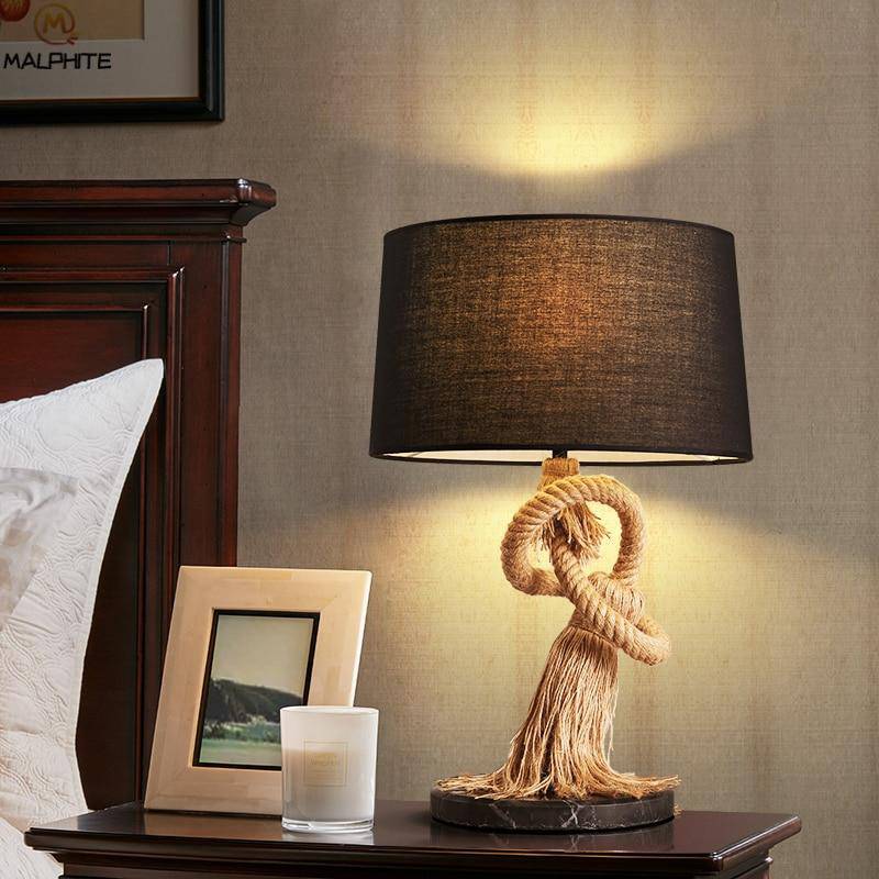 Lampe rétro LED avec abat-jour en tissu et cordage