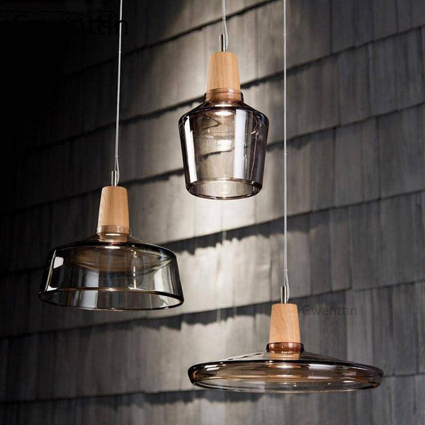 Suspension LED en bois avec abat-jour en verre Nordic