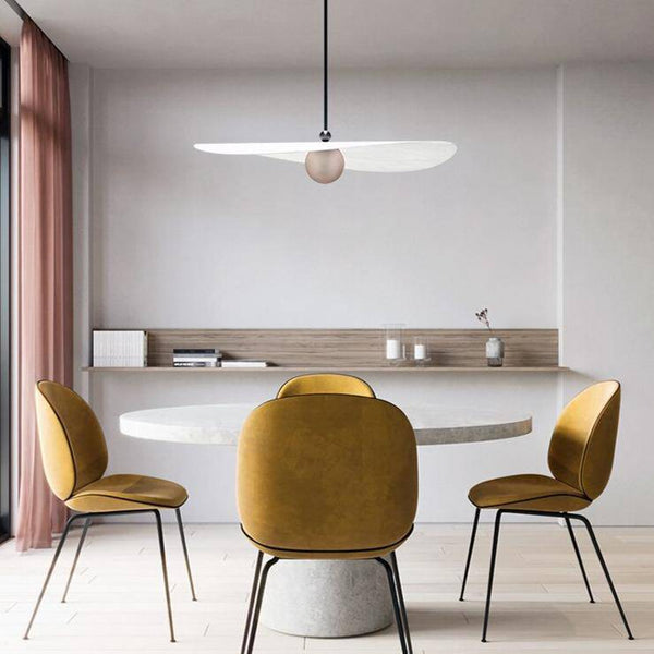 Suspension design LED "Lumina" avec boule métal et abat-jour blanc