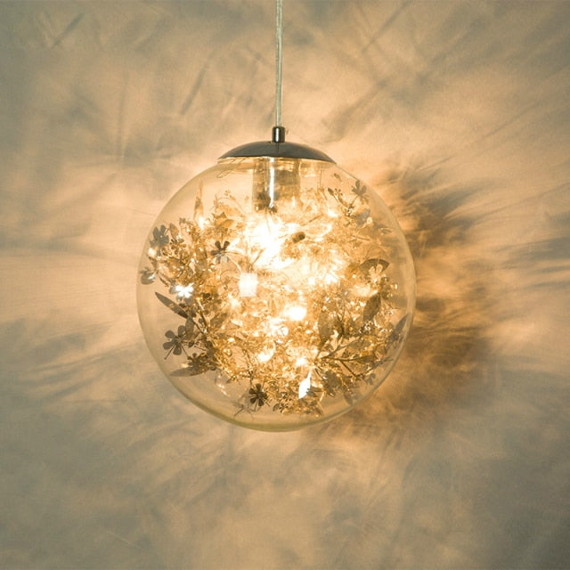 Suspension LED en verre avec feuilles chromées