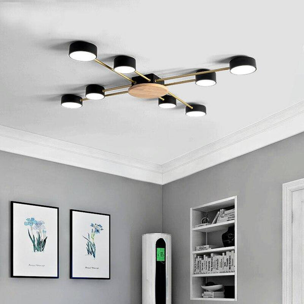 Plafonnier LED chic en métal et bois avec multiples lampes rondes Aibiou