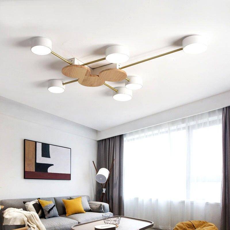 Plafonnier LED chic en métal et bois avec multiples lampes rondes Aibiou