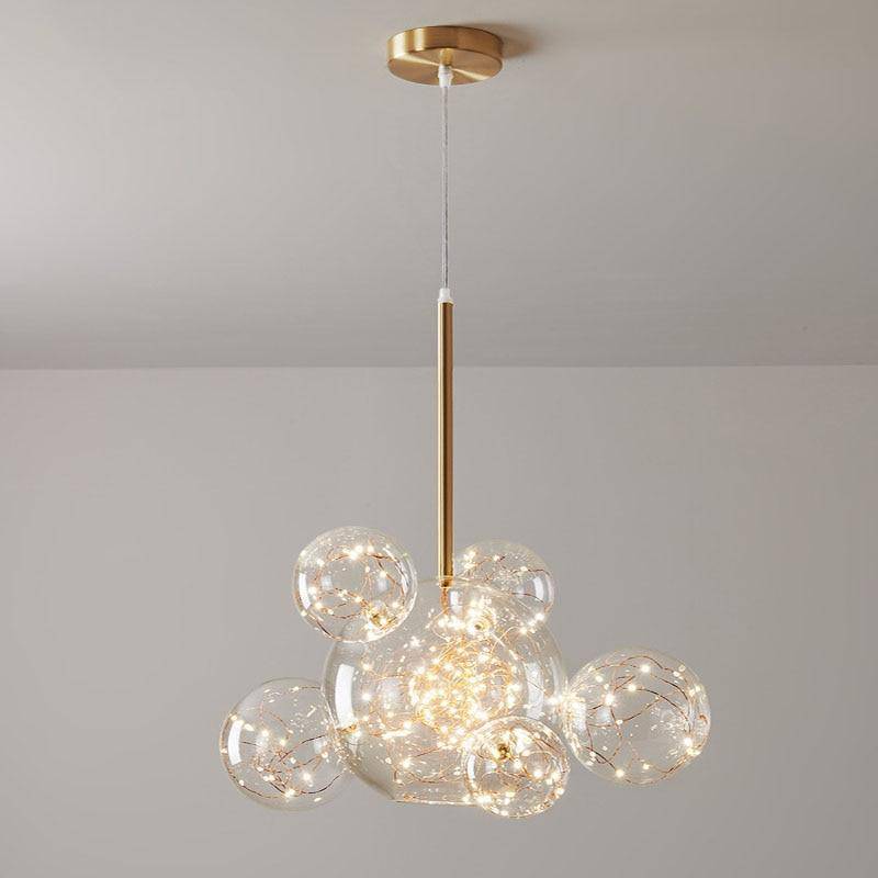 Suspension design en métal doré avec LED et boules en verre de luxe