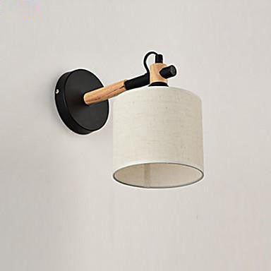 Applique murale design en bois et métal avec abat-jour cylindrique en tissu