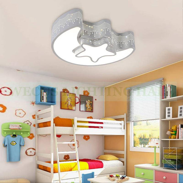 Plafonnier LED Enfant Lune Étoile - Blanc et Gris