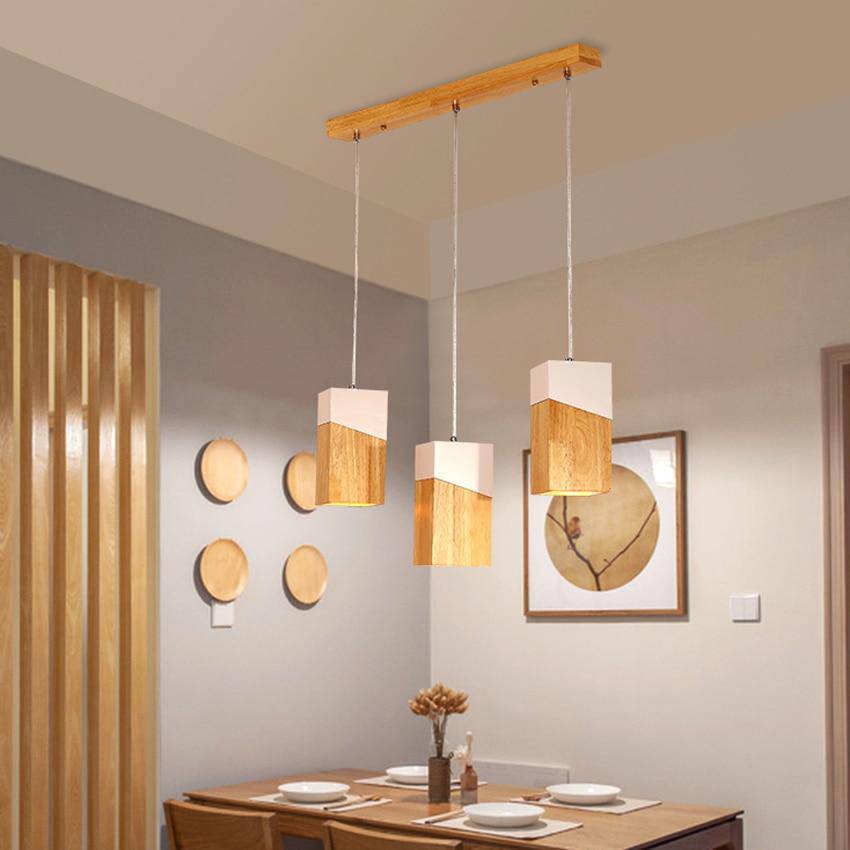 Suspension LED Cube de Bois Moderne