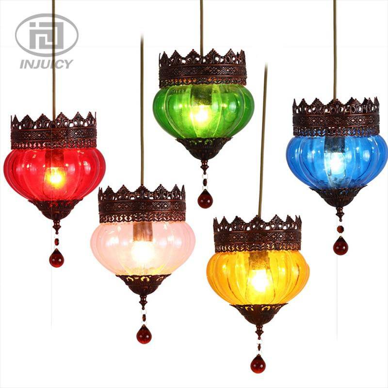 Suspension LED Bohemia en verre coloré et métal rustique