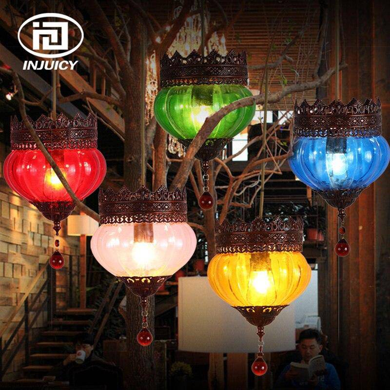 Suspension LED Bohemia en verre coloré et métal rustique