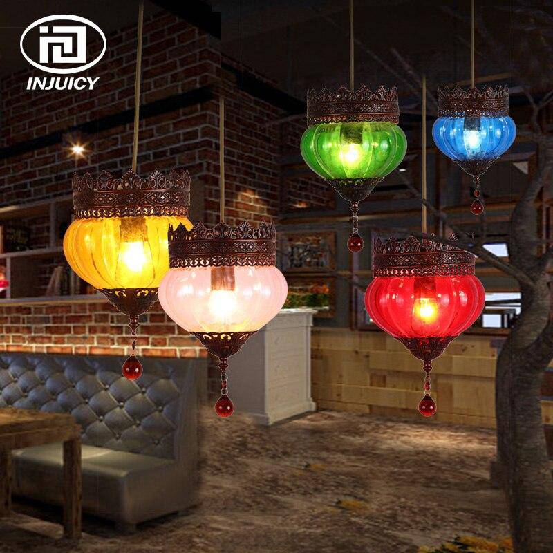 Suspension LED Bohemia en verre coloré et métal rustique