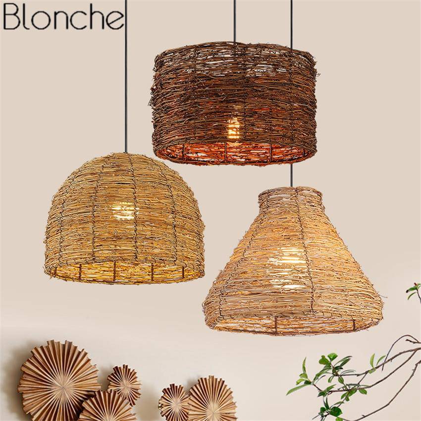 Suspension Lumineuse en Rotin avec Abat-Jour Variés