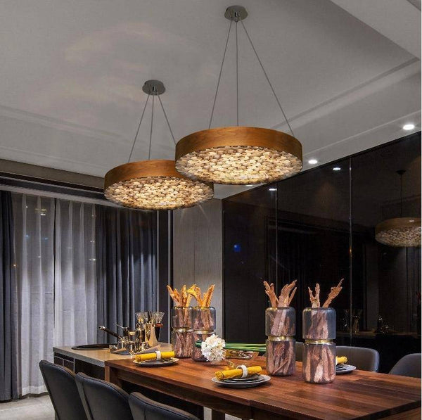 Suspension LED rétro en bois avec cercle épais - style Chandelier